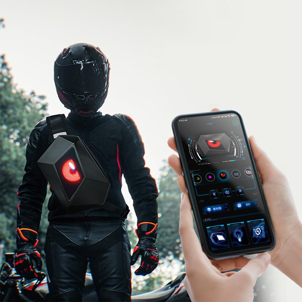 Unisex LED motorcycle crossbody bag illustrating its versatile programmable display functionality.