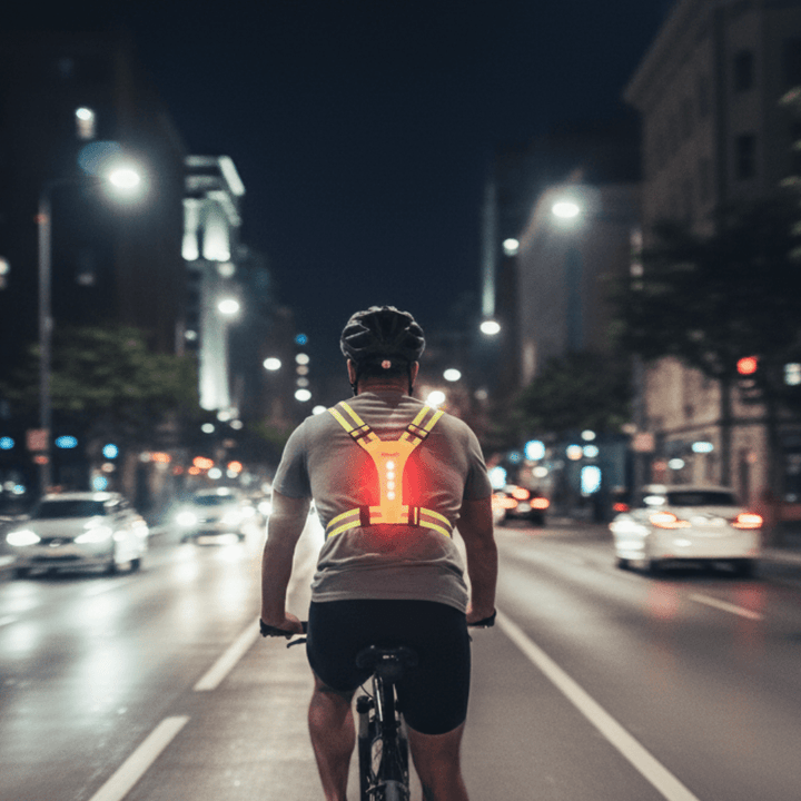 Fluorescent green LED reflective vest for high visibility running and cycling safety.