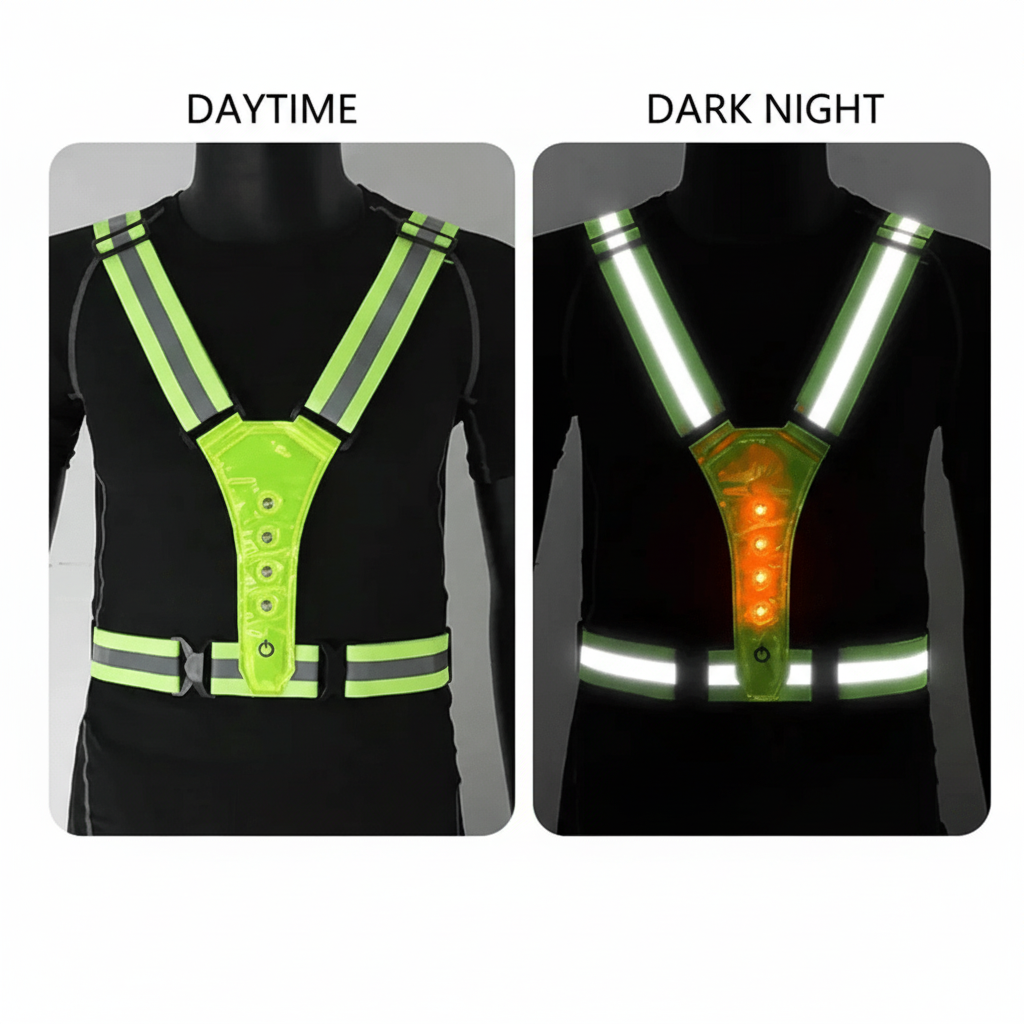 High visibility LED reflective vest for safe night running and jogging.