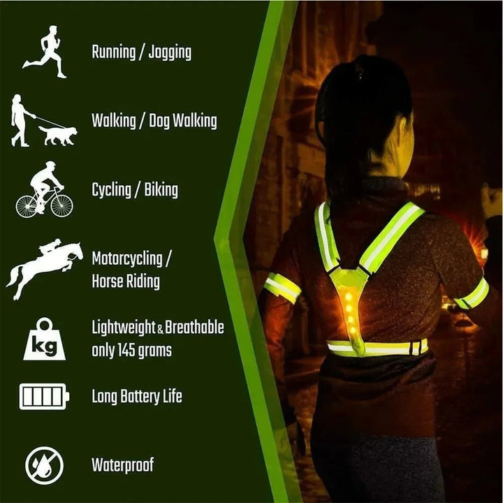 Rechargeable LED reflective vest for cyclists, ensuring high visibility bike safety.