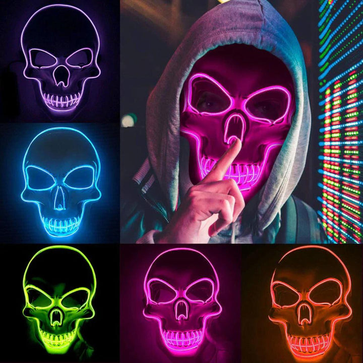 Glowing LED skeleton mask, perfect unisex accessory for raves, festivals, or costume parties.