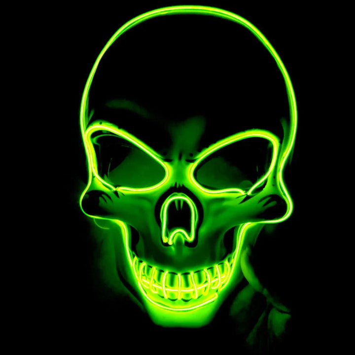 Close-up of a unisex LED skeleton mask with piercing glowing eyes, ideal for Halloween costumes.