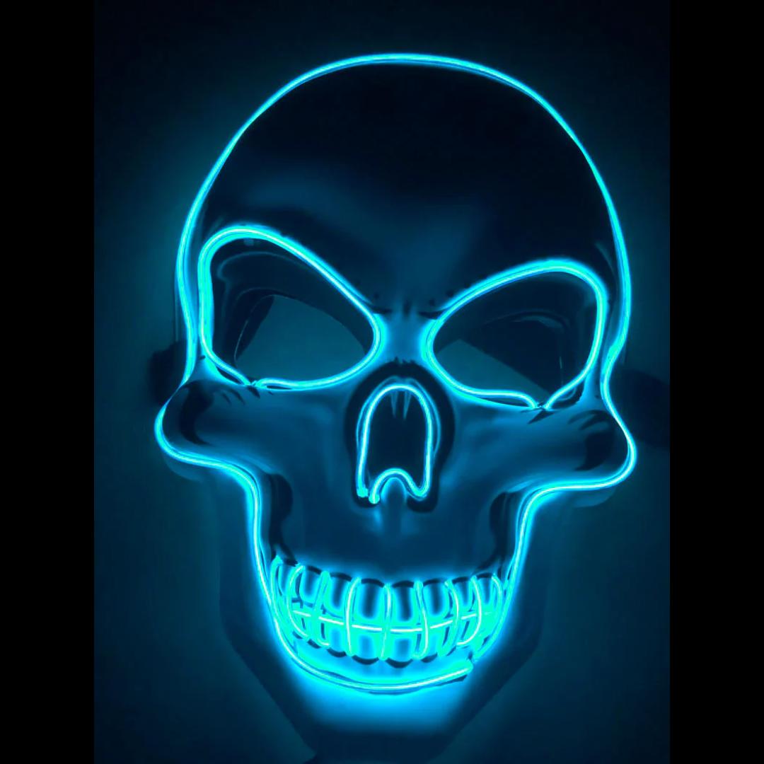 Versatile unisex LED skeleton mask; a glowing costume piece for Halloween, raves, or themed parties.