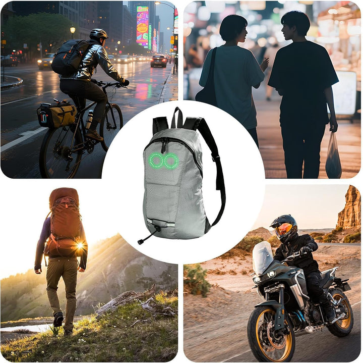 Durable waterproof LED travel backpack, light-up design for hiking, cycling, and night visibility.
