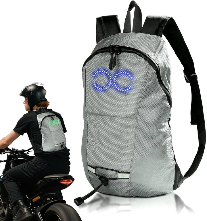 Luminous LED cycling backpack, waterproof design for night rides & improved visibility.
