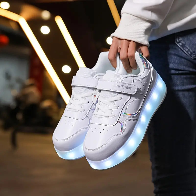 Unisex sneaker skates with glowing LED wheels & retractable rollers. Versatile as skating shoes or everyday sneakers.