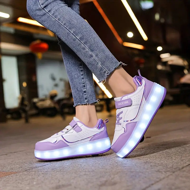 LED light-up roller skates for unisex use, with easily retractable wheels transforming them into cool sneakers.