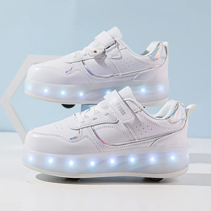 Dynamic light-up unisex roller skates, featuring easy-to-use retractable wheels for seamless transition & fun.