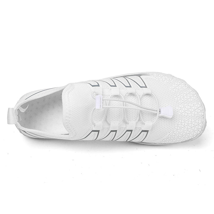 Lightweight unisex running shoes with flexible sole for natural stride, everyday wear.