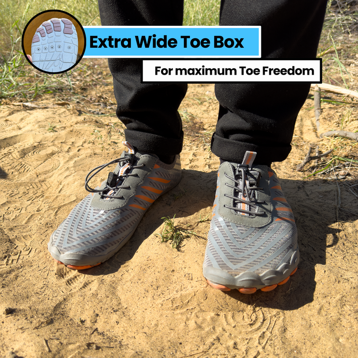 Flexible barefoot shoes for natural comfort; wide toe box, lightweight, unisex design.