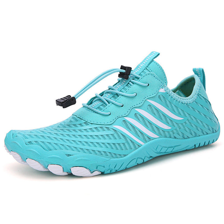 Flexible sole, breathable barefoot footwear for active lifestyle; wide toe box design.