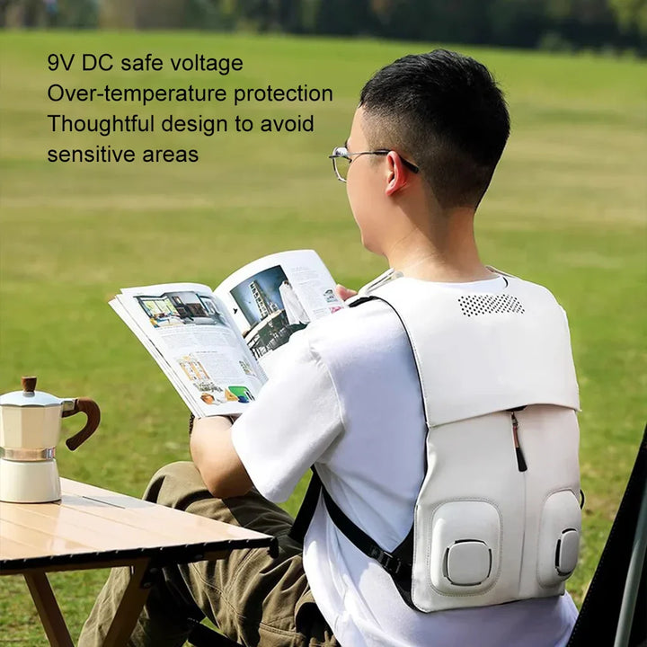 Front view of a breathable unisex cooling vest featuring dual fans for effective body temperature regulation.