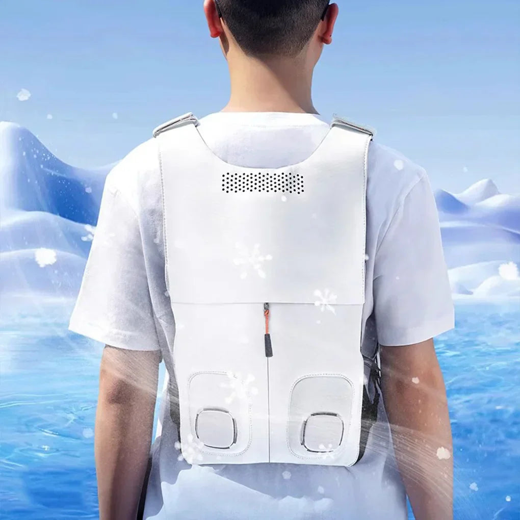 Back view of lightweight Cryovest with visible fan placements, perfect for summer outdoor gear.