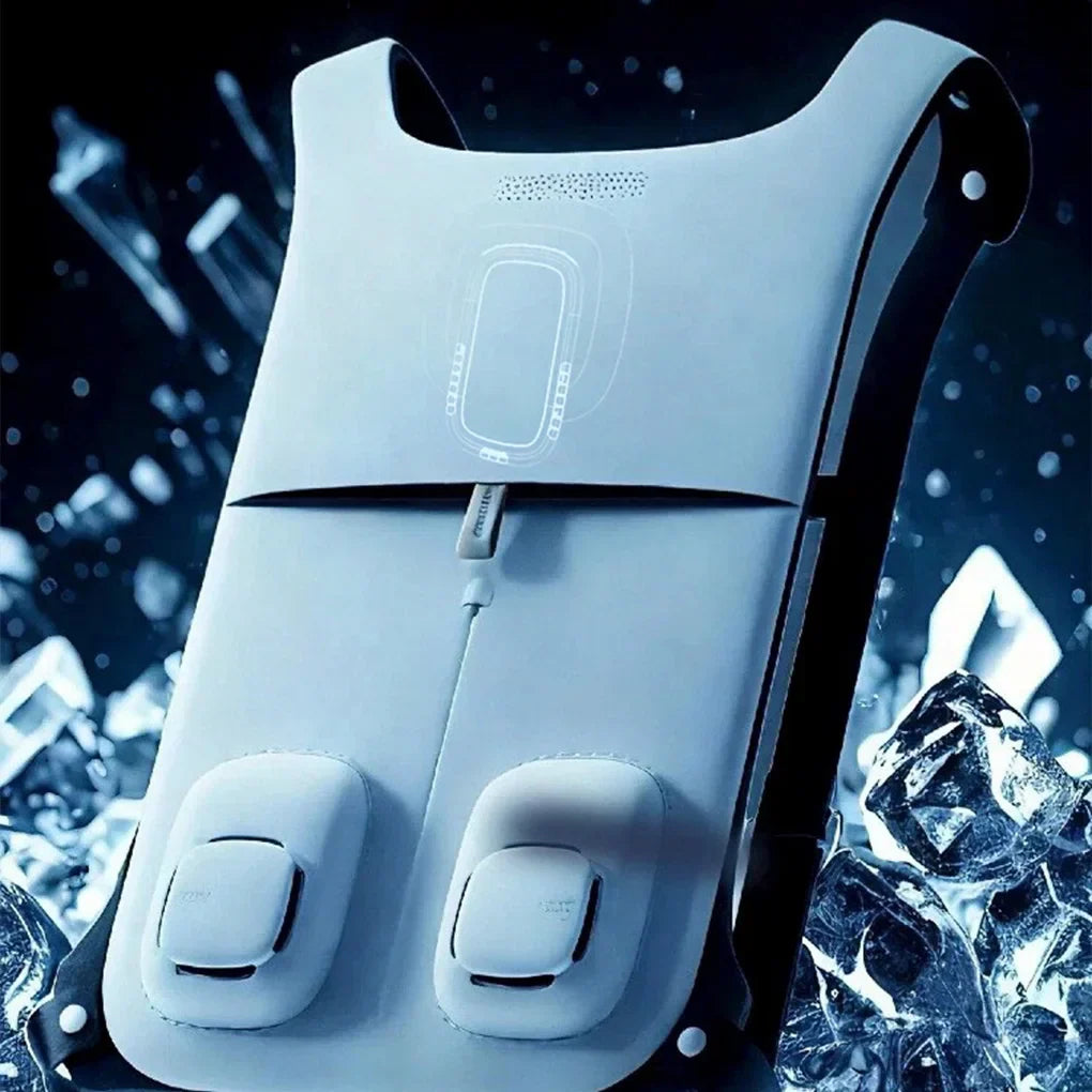 Unisex cooling vest with fans, shown in use, providing relief during demanding physical activity.