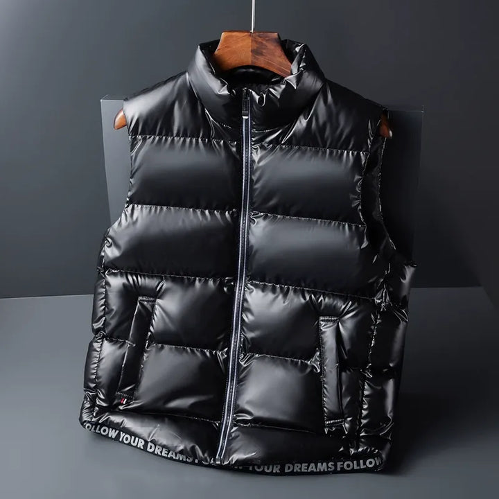 Unisex lightweight down puffer vest for winter warmth. Perfect cold weather layering outerwear.