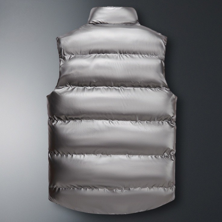 Modern unisex down vest. Lightweight, warm puffer style, perfect for winter layering or standalone outerwear.