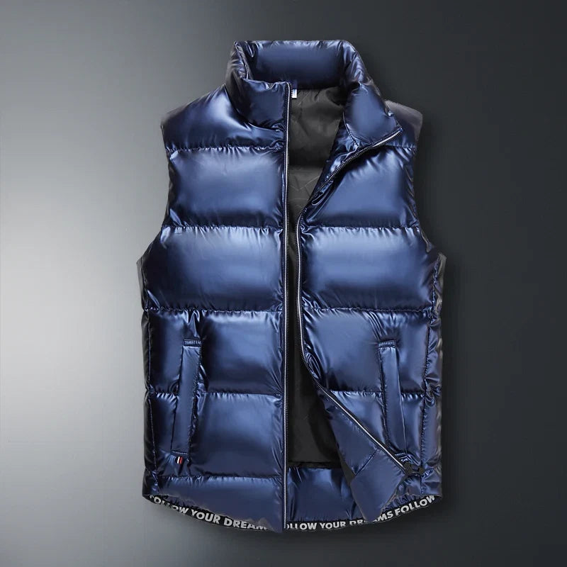 Durable unisex outerwear: a lightweight down puffer vest providing superior warmth for winter activities.