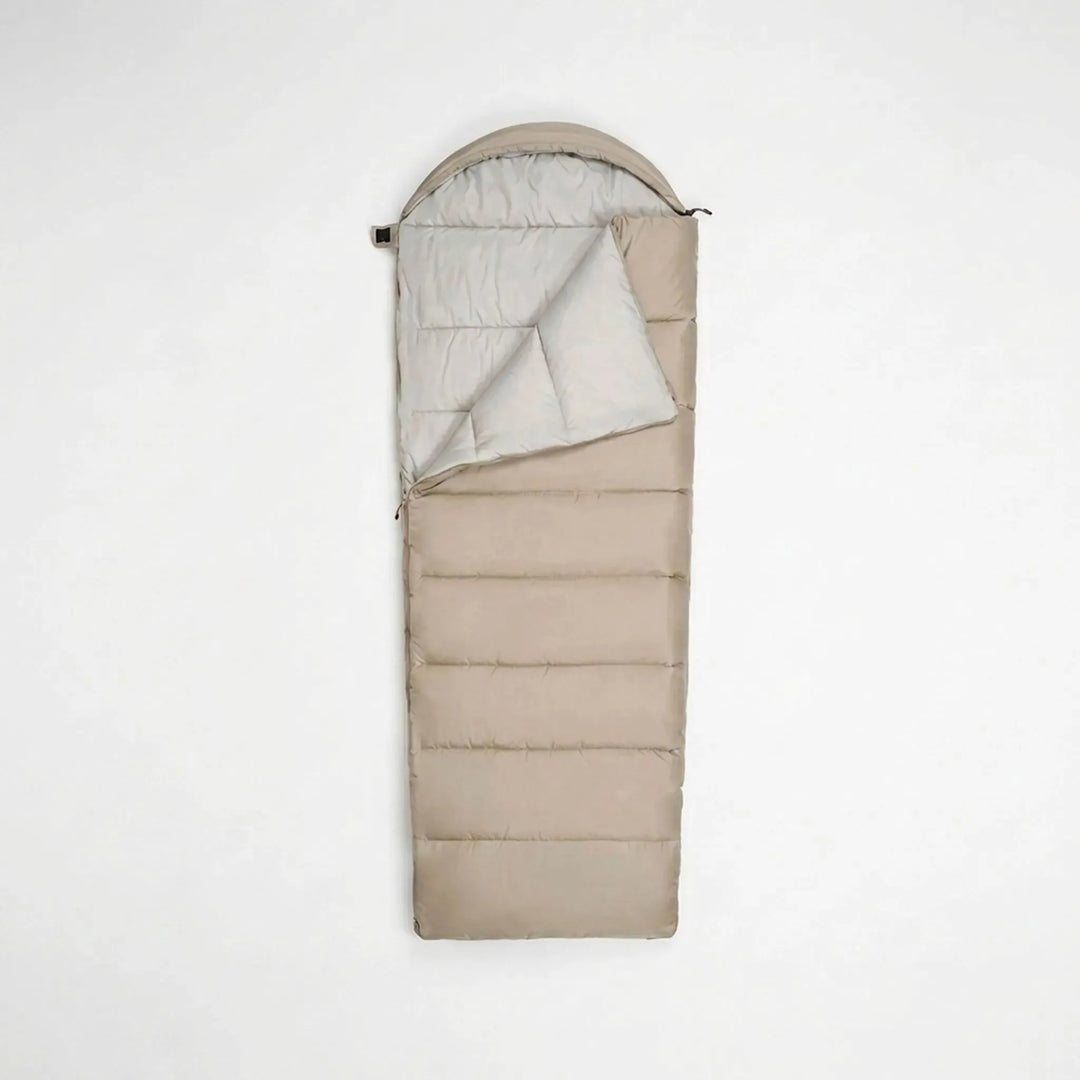 Durable, lightweight fabric of a unisex envelope sleeping bag. Essential three-season outdoor gear for camping.