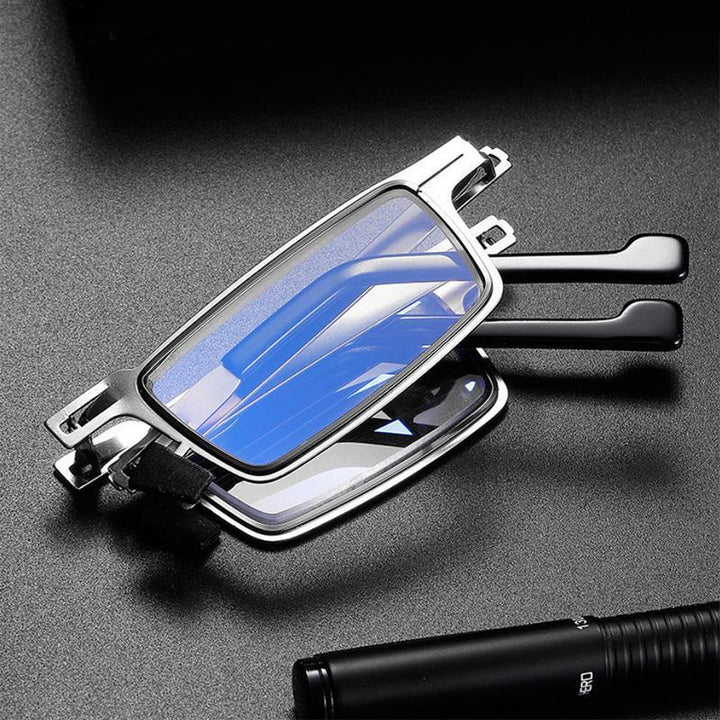 Portable square frame foldable reading glasses with blue light filter. Unisex, lightweight, ideal for screens.
