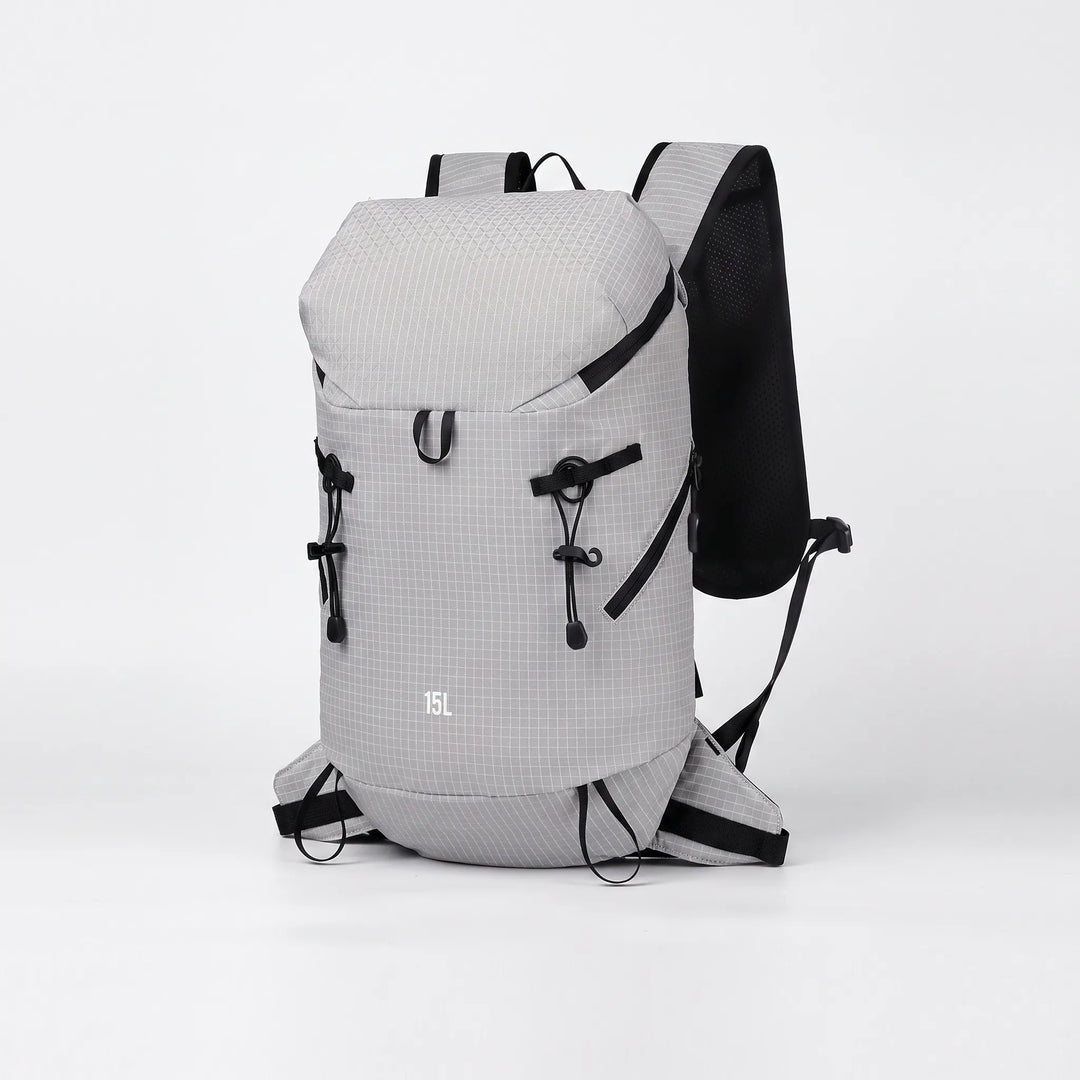 Close-up of water repellent fabric on a unisex lightweight hiking backpack, built for tough trails.