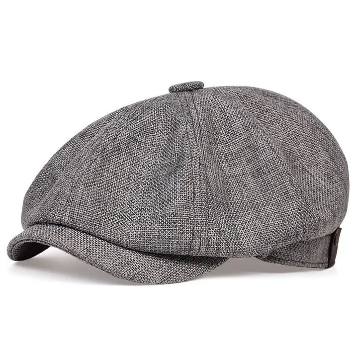 Close-up of a natural-colored unisex lightweight linen cap. Breathable and adjustable for casual fashion.