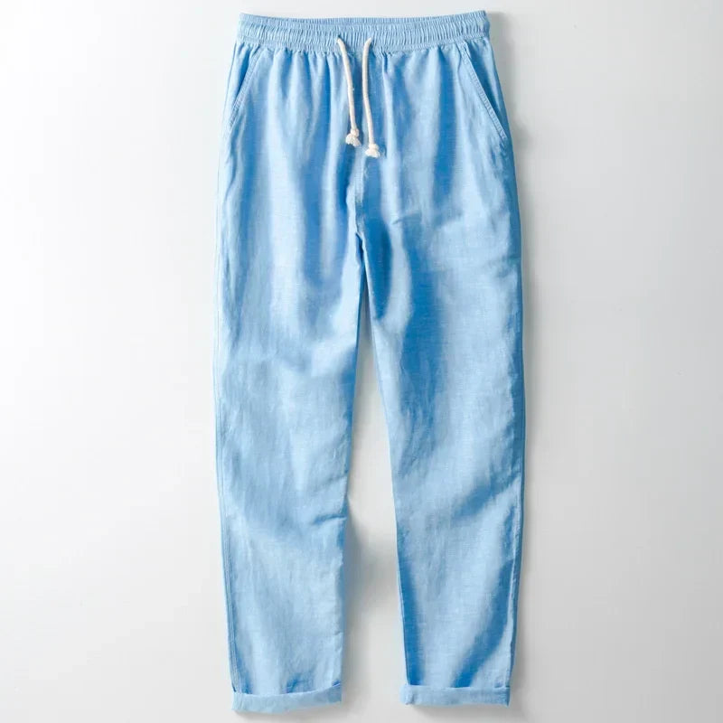 Unisex lightweight linen trousers for comfortable summer wear, relaxed fit & breathable.