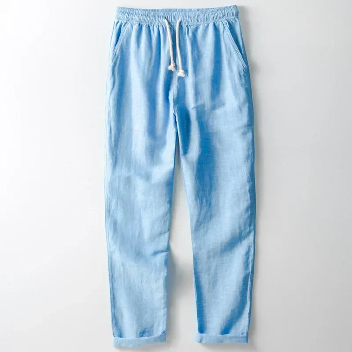 Unisex lightweight linen trousers for comfortable summer wear, relaxed fit & breathable.