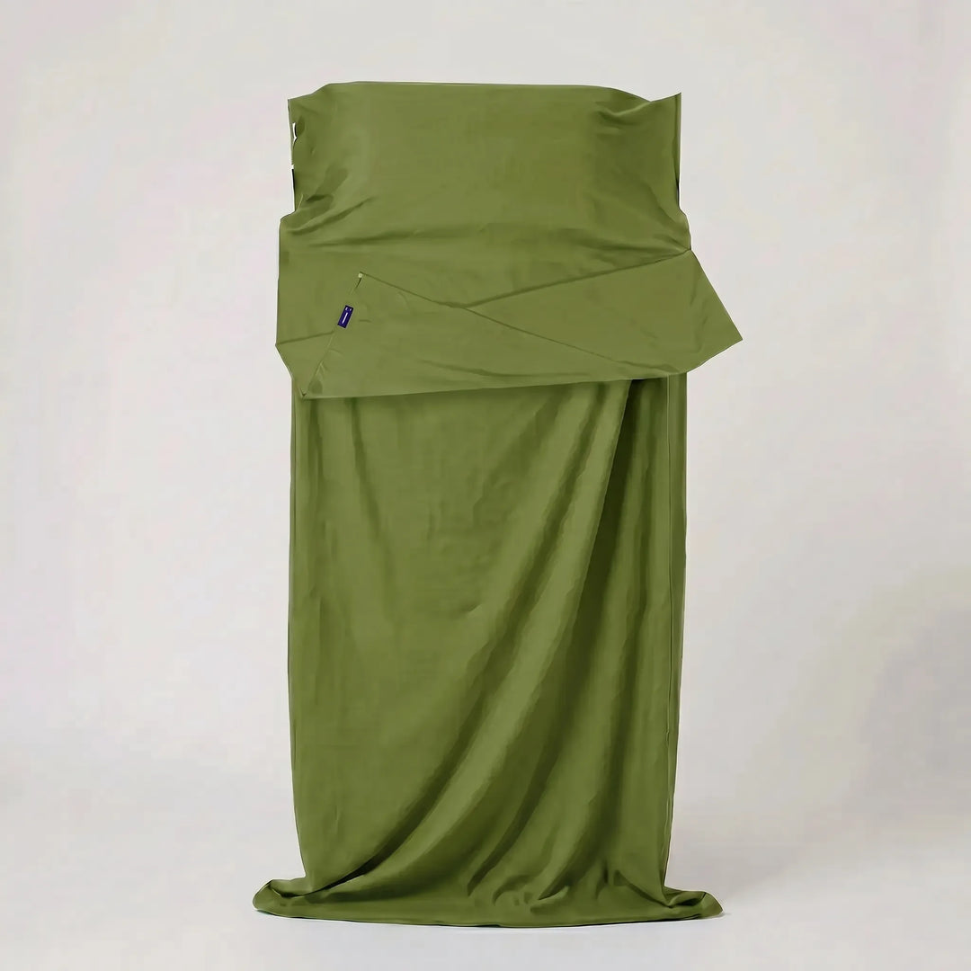 Unfolded lightweight travel sleeping bag liner, showing ample space for comfortable camping & hostel sleep.