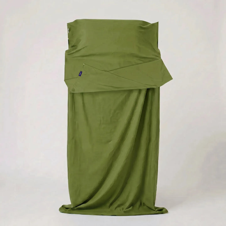 Unfolded lightweight travel sleeping bag liner, showing ample space for comfortable camping & hostel sleep.
