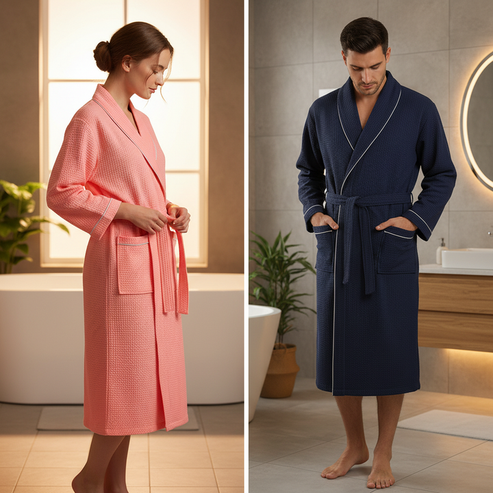 Unisex lightweight waffle knit bathrobe, soft comfort for lounge and spa, front view