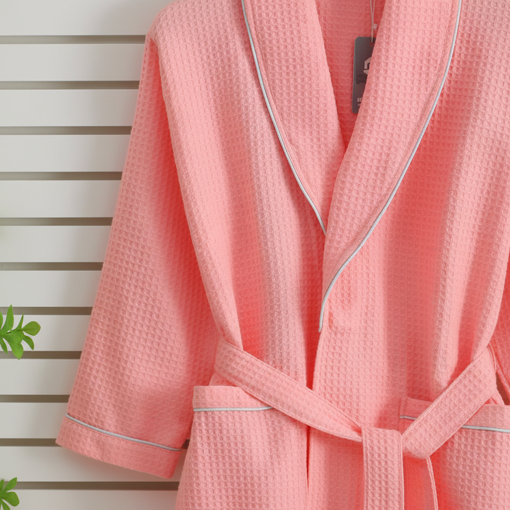Soft white waffle weave bathrobe, perfect for spa or home, unisex design
