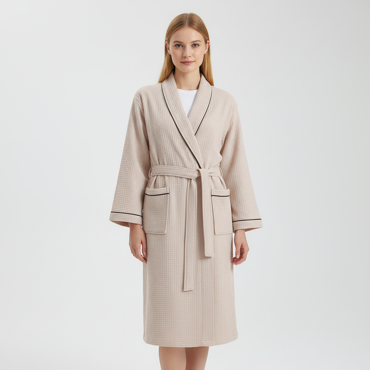 Casual unisex waffle robe, soft and absorbent, great for home or travel