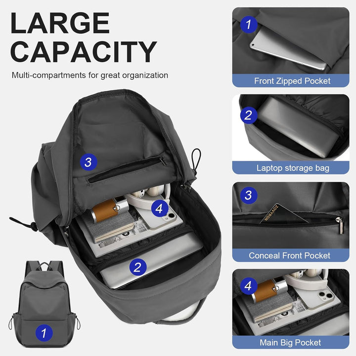 Organized lightweight backpack for travel and commuting, water-resistant design.