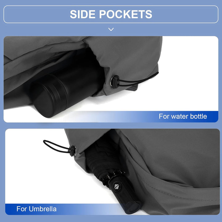 Grey water-resistant commuter backpack comfortably fitting on a person's back