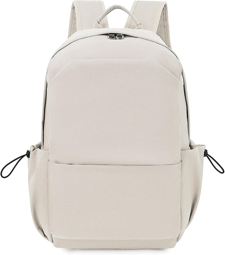 Rear view of beige unisex lightweight travel & laptop backpack with padded shoulder straps