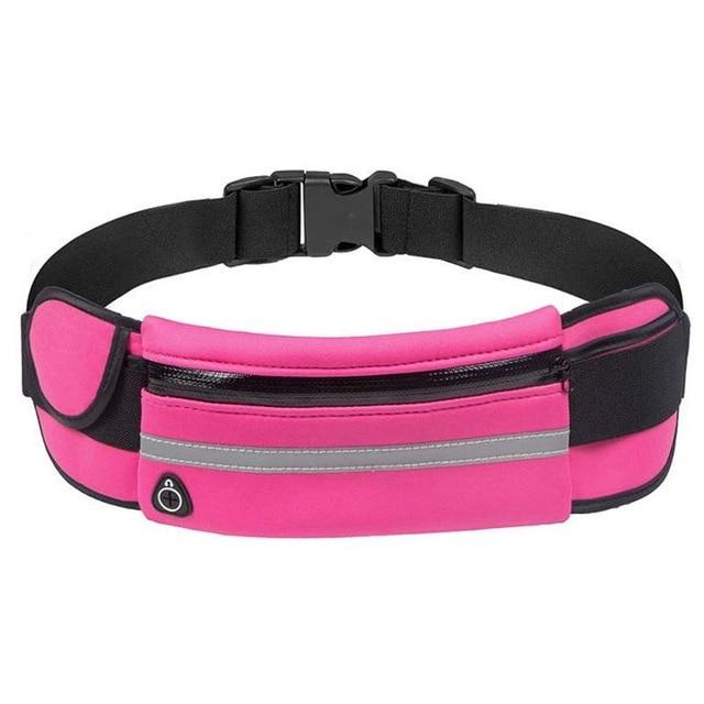 Model wearing a lightweight waterproof waist pack while running, showing fit and function
