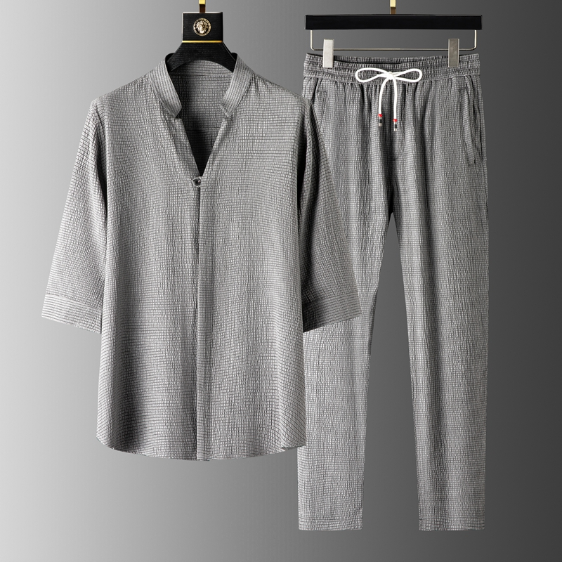 Unisex linen blend relaxed comfort set in gray, perfect breathable loungewear or casual summer wear.