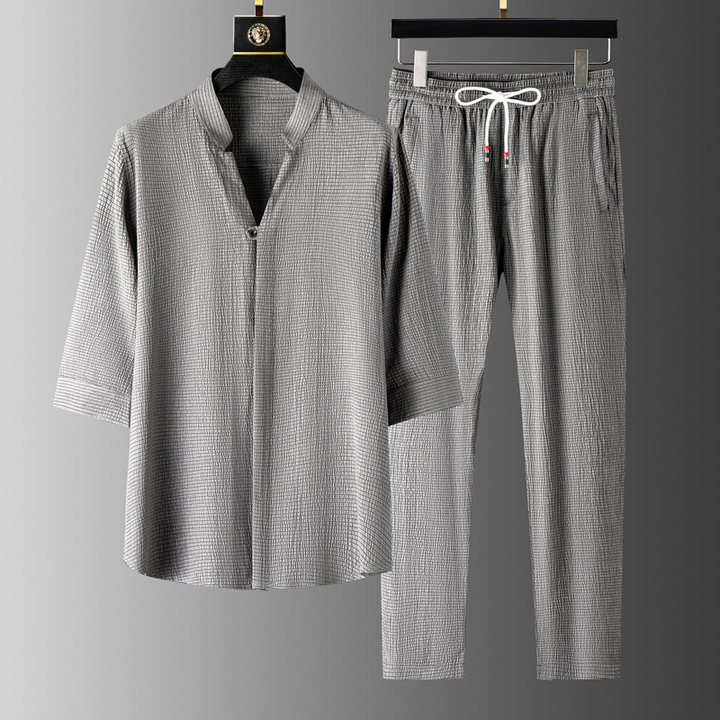 Unisex linen blend relaxed comfort set in gray, perfect breathable loungewear or casual summer wear.