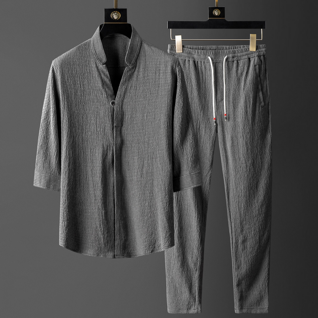 Breathable unisex white linen blend two-piece set, ideal relaxed fit loungewear for ultimate summer comfort.