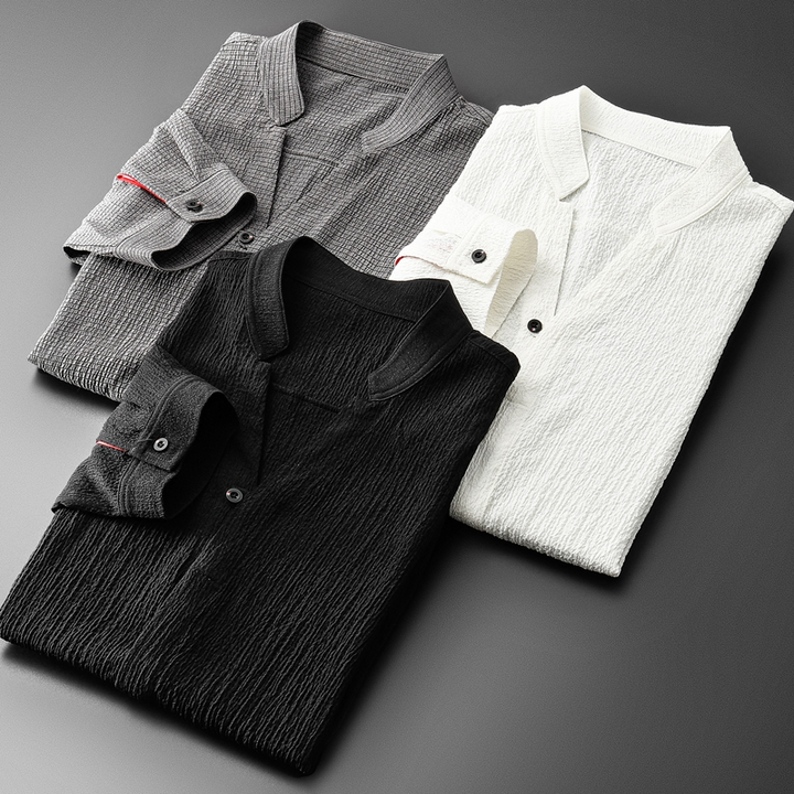 Full shot of a gray unisex linen blend relaxed comfort set, perfect breathable loungewear & casual summer outfit.