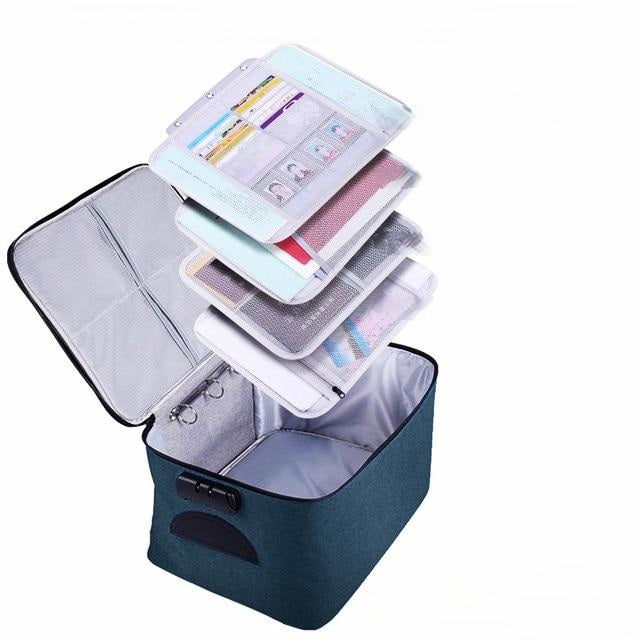 Portable lockable waterproof document storage case and travel organizer against luggage