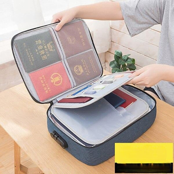 Multi-layer lockable waterproof document storage case, ideal for organizing passports, birth certificates, & papers.