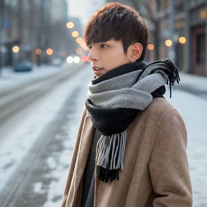 Unisex long cashmere feel scarf black with fringes, soft winter accessory
