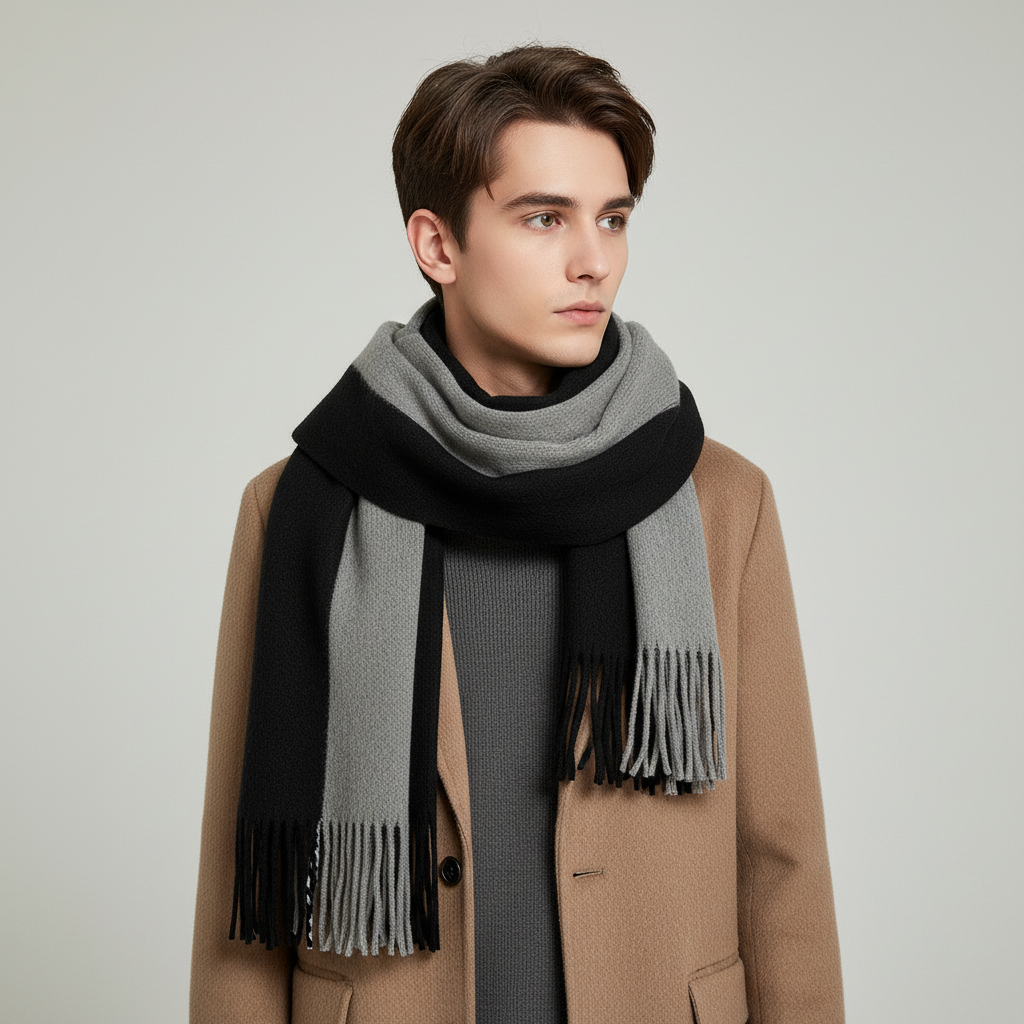 Warm gray cashmere feel long scarf with elegant fringes, perfect for winter