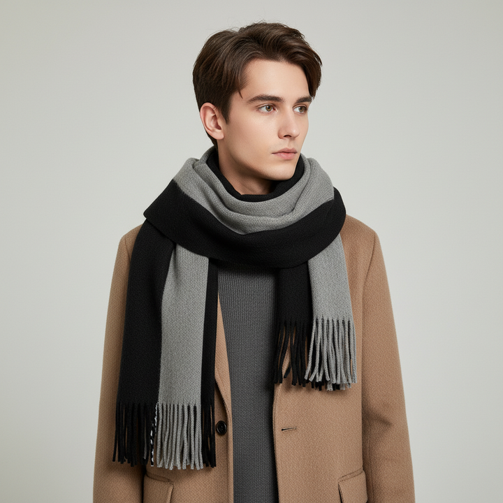 Warm gray cashmere feel long scarf with elegant fringes, perfect for winter