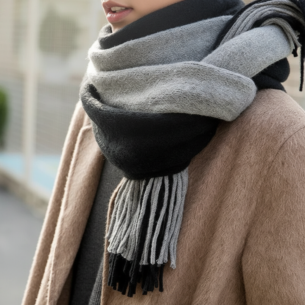 Soft navy blue unisex long scarf, cashmere feel with classic fringed ends
