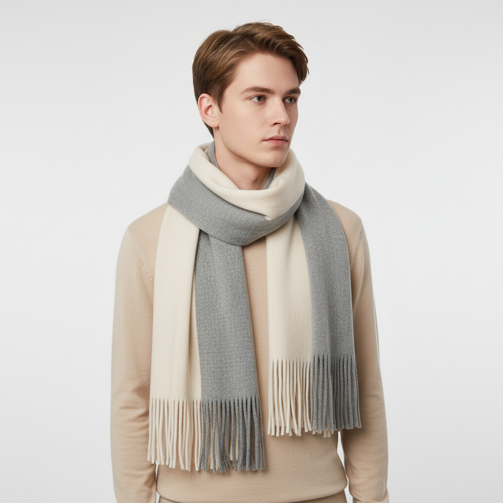 Classic beige long cashmere feel scarf with fringes, cozy unisex winter fashion