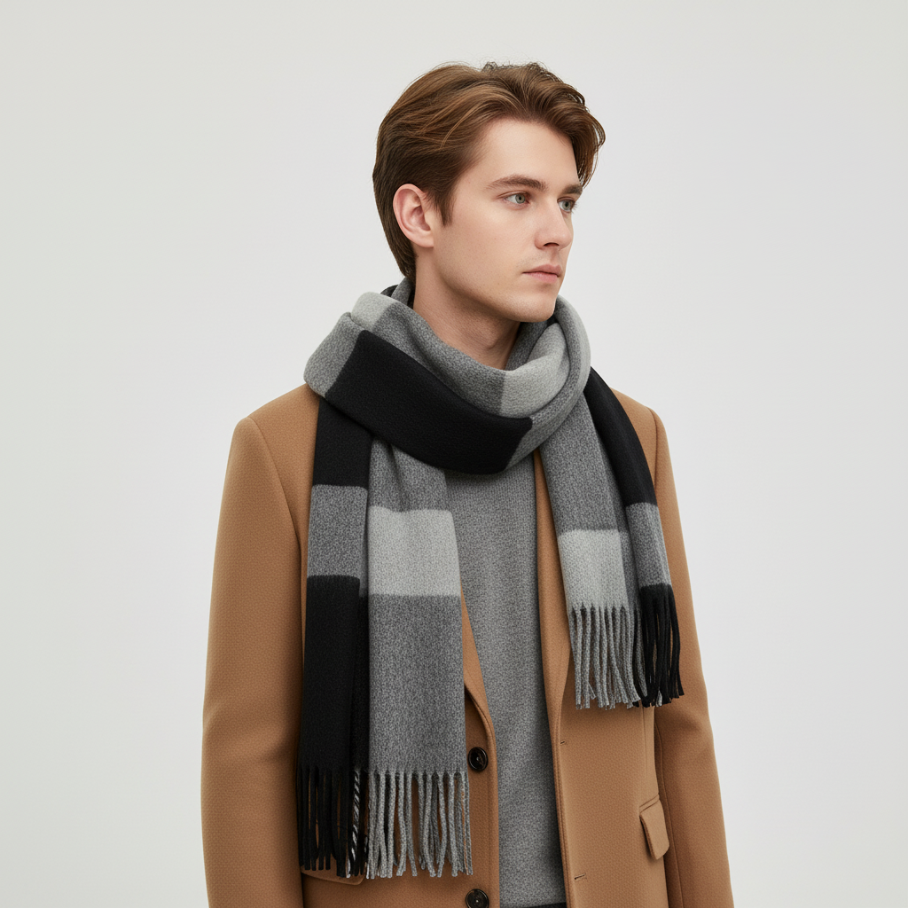 Detailed close-up of soft cashmere feel scarf fabric with elegant fringes