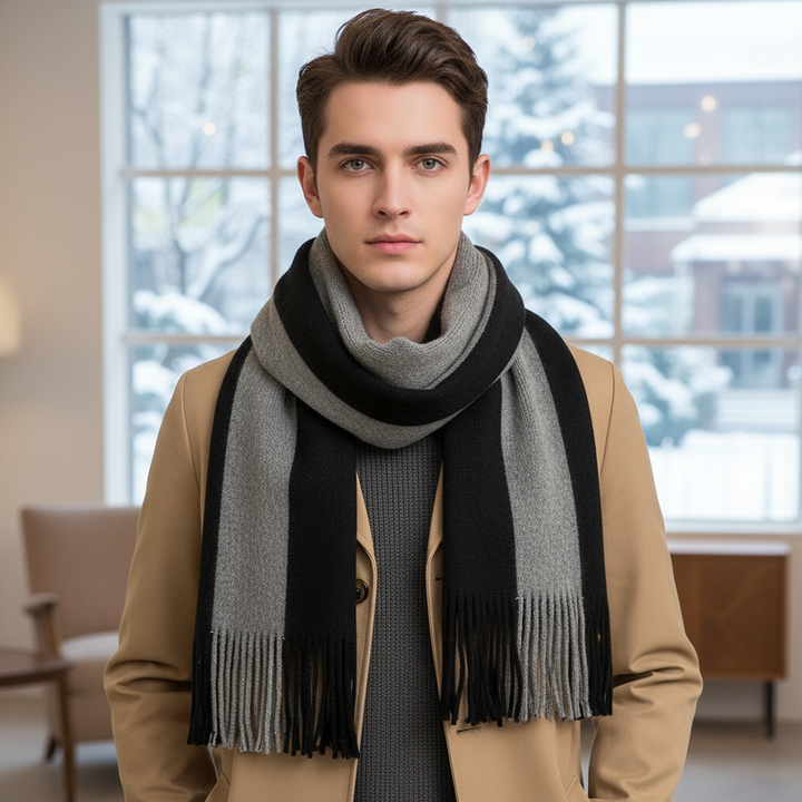 Stylish long cashmere scarf in a neutral color, perfect for cold weather layering