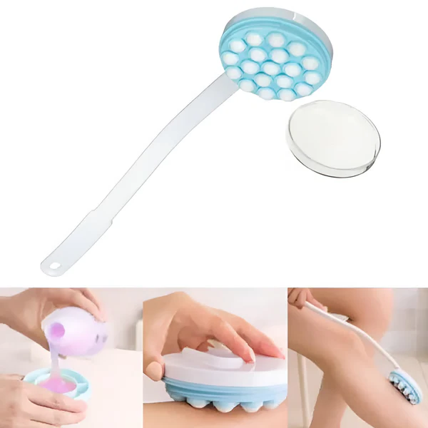 Ergonomic long handle back massager tool for muscle relief & self-care; perfect for applying lotions & oils.